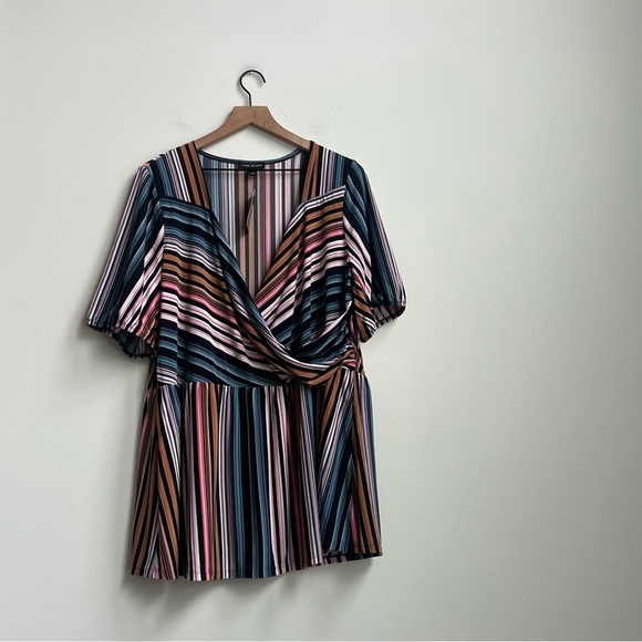 New LANE BRYANT Illusion Stripes Peplum Tunic Faux Wrap Top Size 22 24 Babydoll - Picture 3 of 14